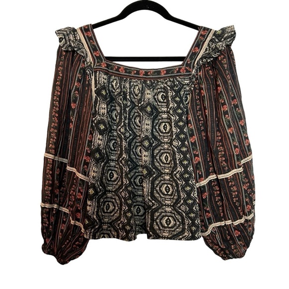 Free People Mostly Meadow Boho Hippie Puff Sleeve Semi Sheer Lace & Fringe Top - Picture 6 of 16